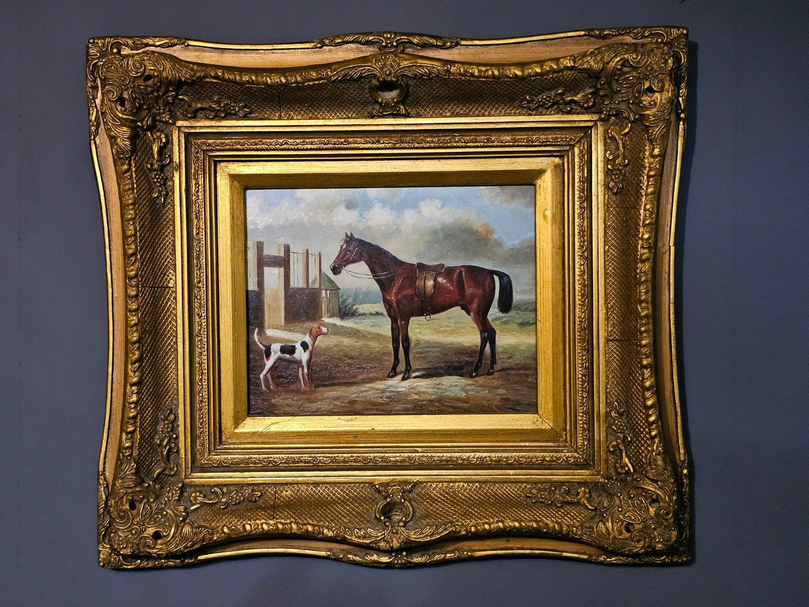 Klassiek olieverfschilderij: Paard en hond, 49x43 cm, Doek, Dieren, Ophalen of Verzenden, Olieverf