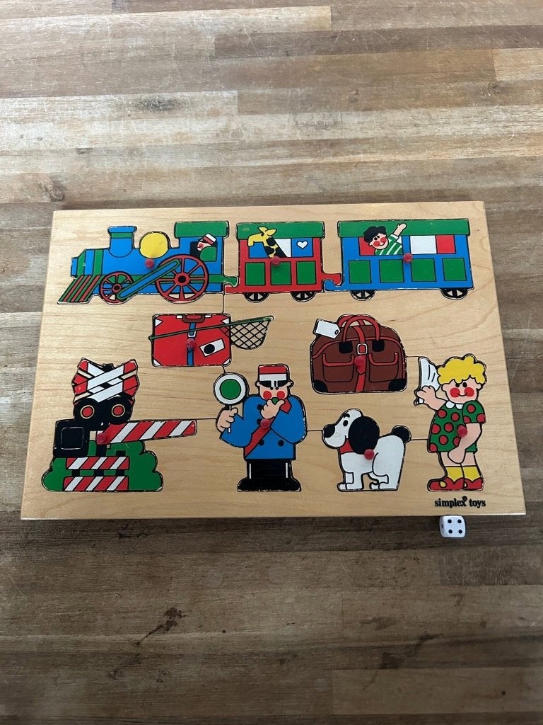 Vintage Simplex houten noppenpuzzel • Trein en reizen, Gebruikt, Ophalen of Verzenden, Van hout, Minder dan 10 stukjes