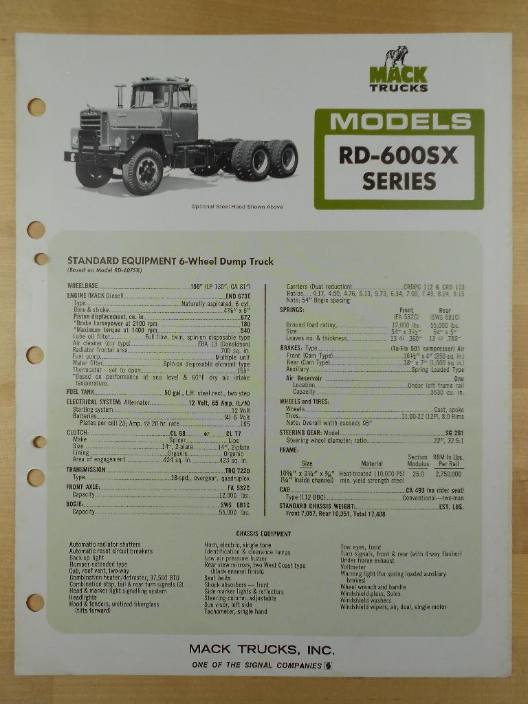 Mack RD-600SX Technische Specificatie Brochure 1973, Mack, Ophalen of Verzenden, Zo goed als nieuw, Overige merken
