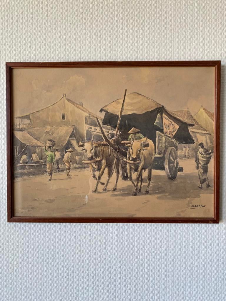 Karbouw met wagen Java/ kunstschilder Basar  overleden  1990, Antiek en Kunst, Ophalen of Verzenden