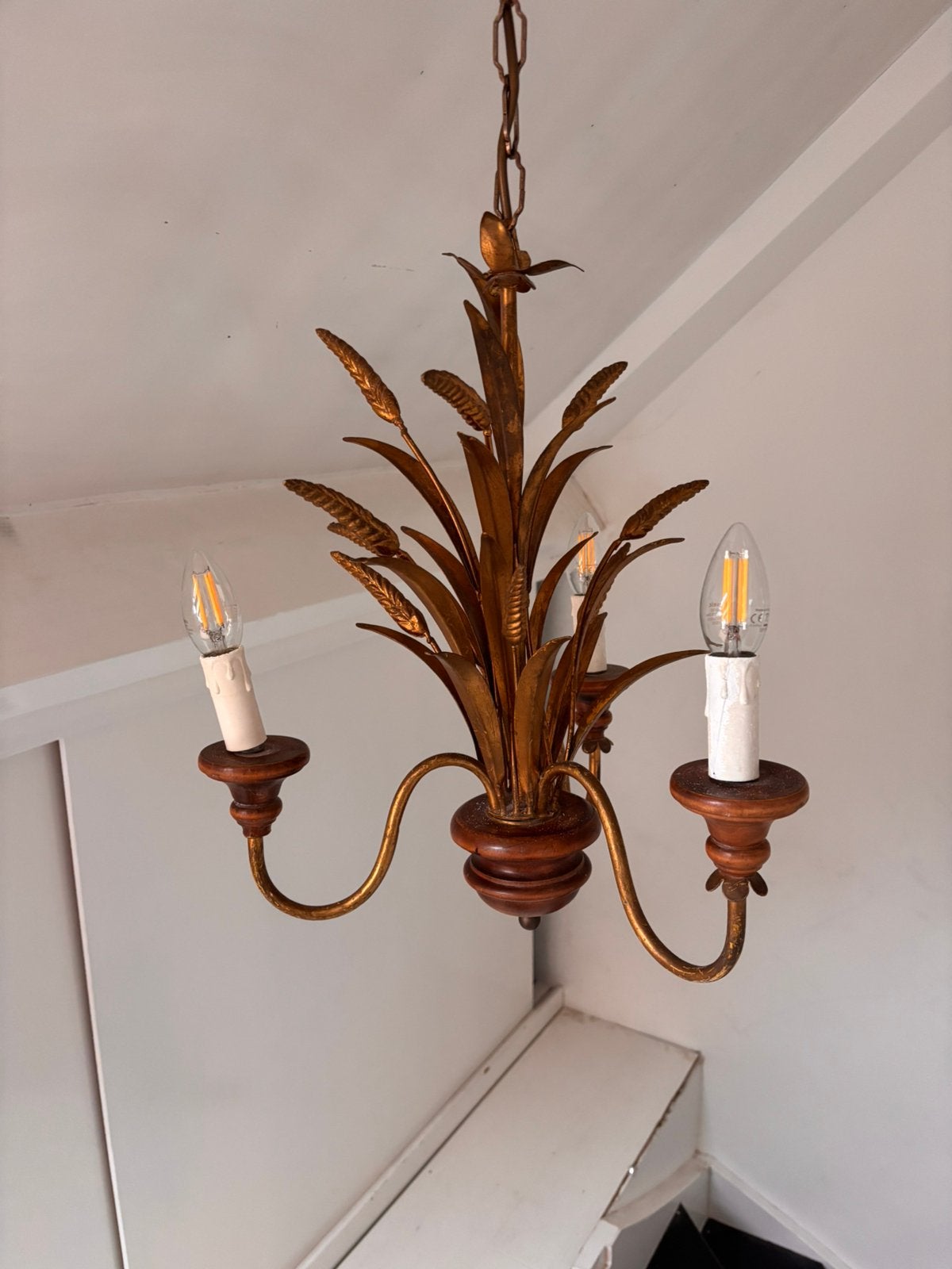 Vintage gouden kroonluchter korenaar / Hollywood Regency, Ophalen of Verzenden, Zo goed als nieuw