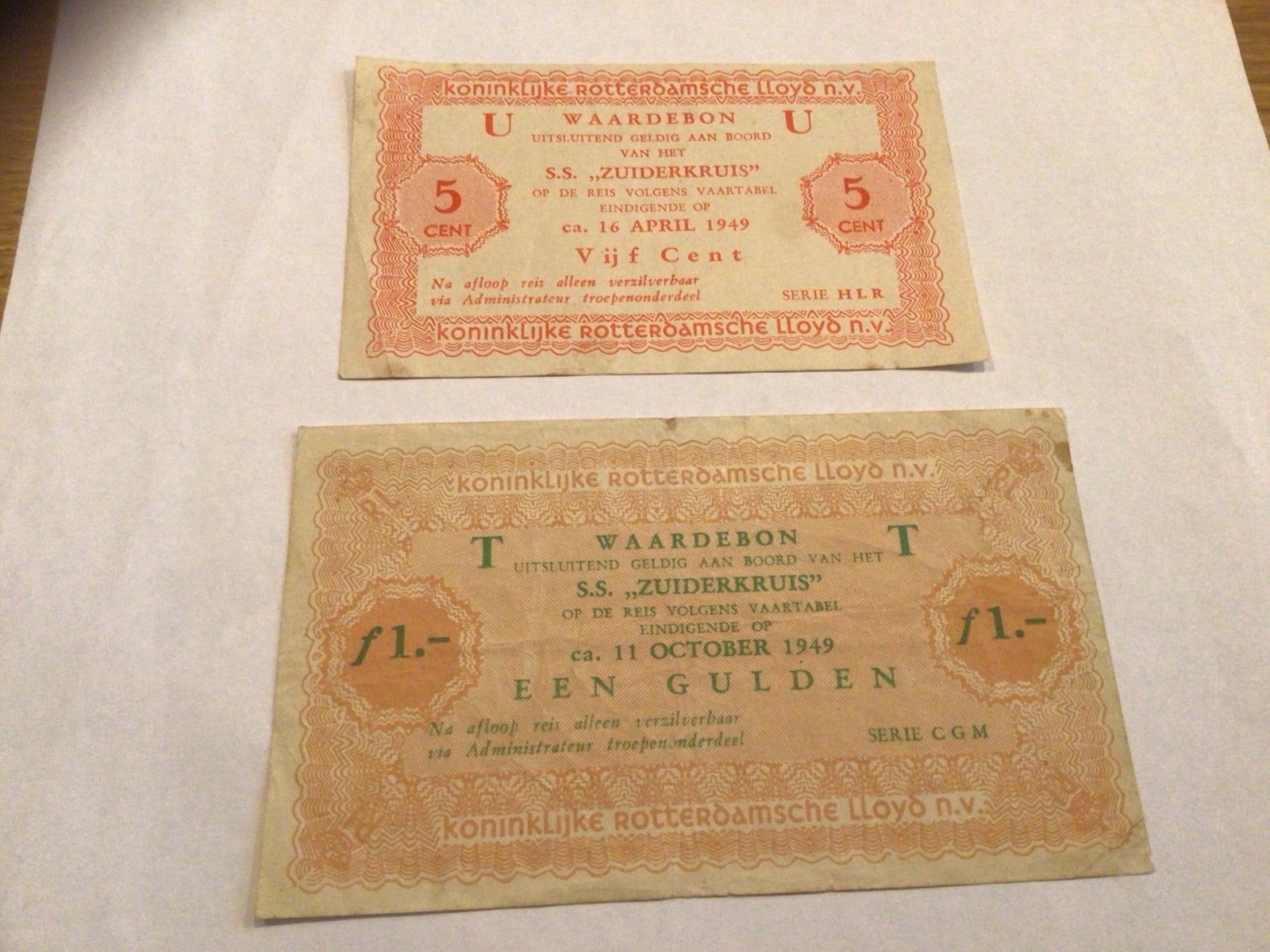 Koninklijke Rotterdamse Lloyd Waardebonnen (2 stuks), Ophalen of Verzenden, 1 gulden, Setje