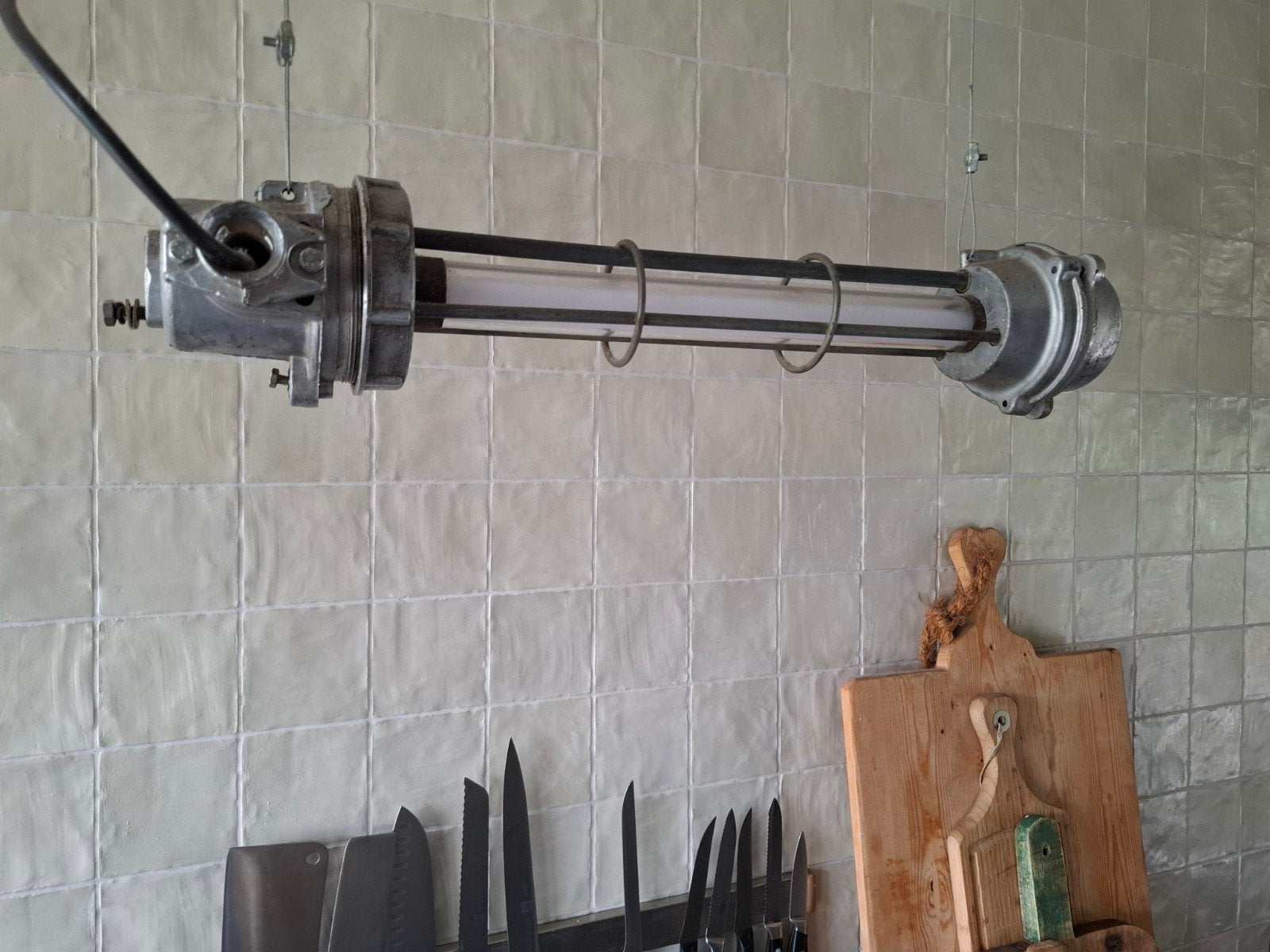 Oude industriële ijzeren TL tube/ kooilamp al omgebouwd led, Ophalen, Nieuw, Glas, Industrieel