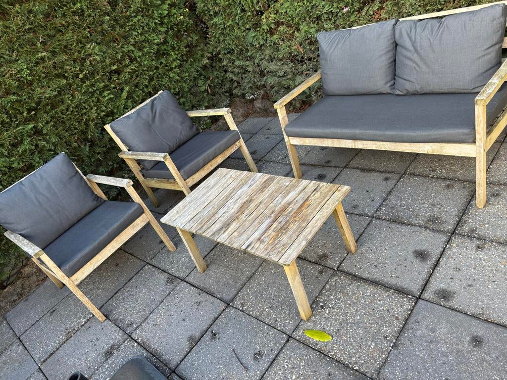 Houten tuinset met kussens, Tuin en Terras, Ophalen, 4 zitplaatsen, Gebruikt, Hout