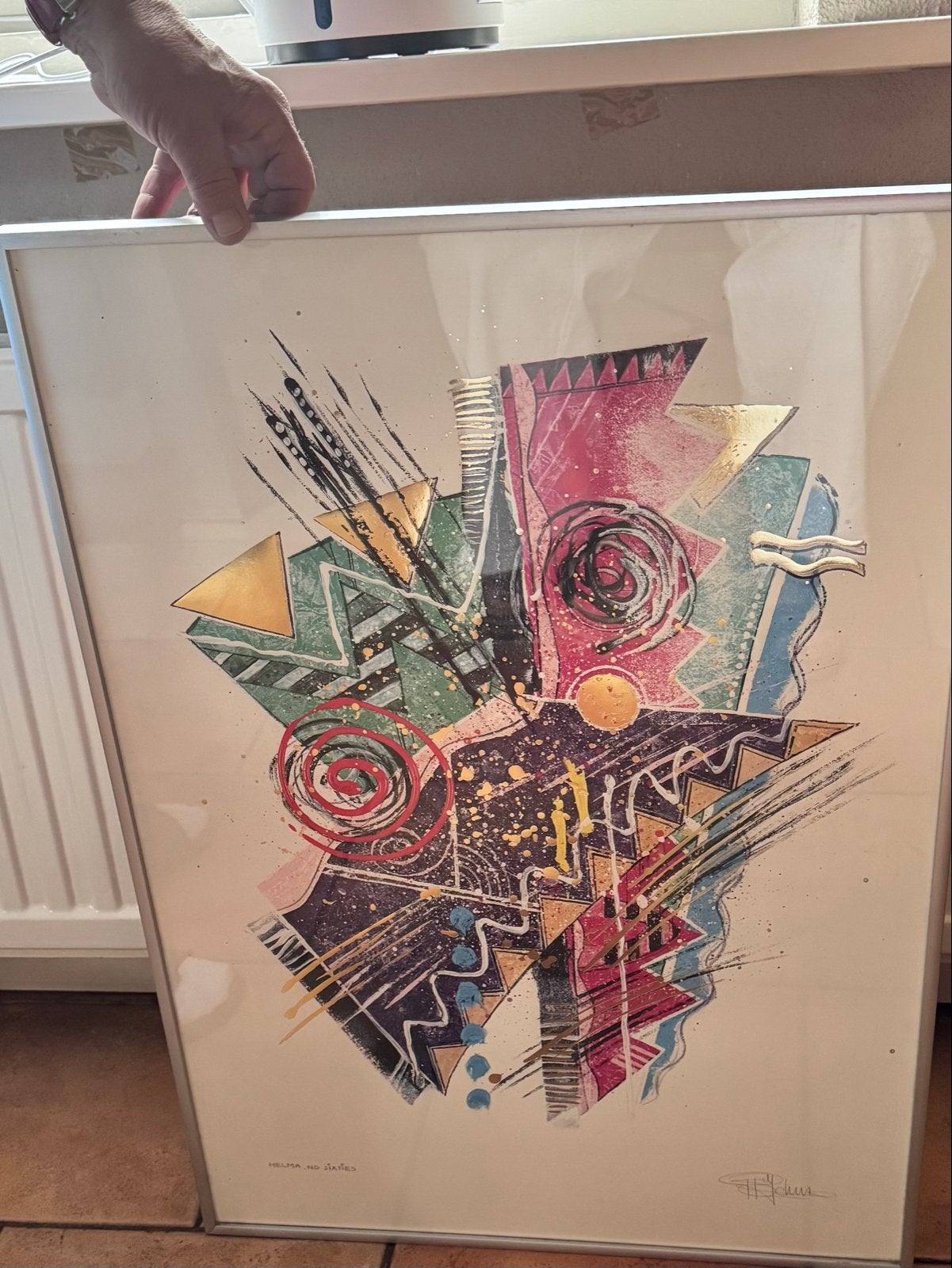 Abstracte kunstprint met levendige kleuren en metallic accen, Ophalen