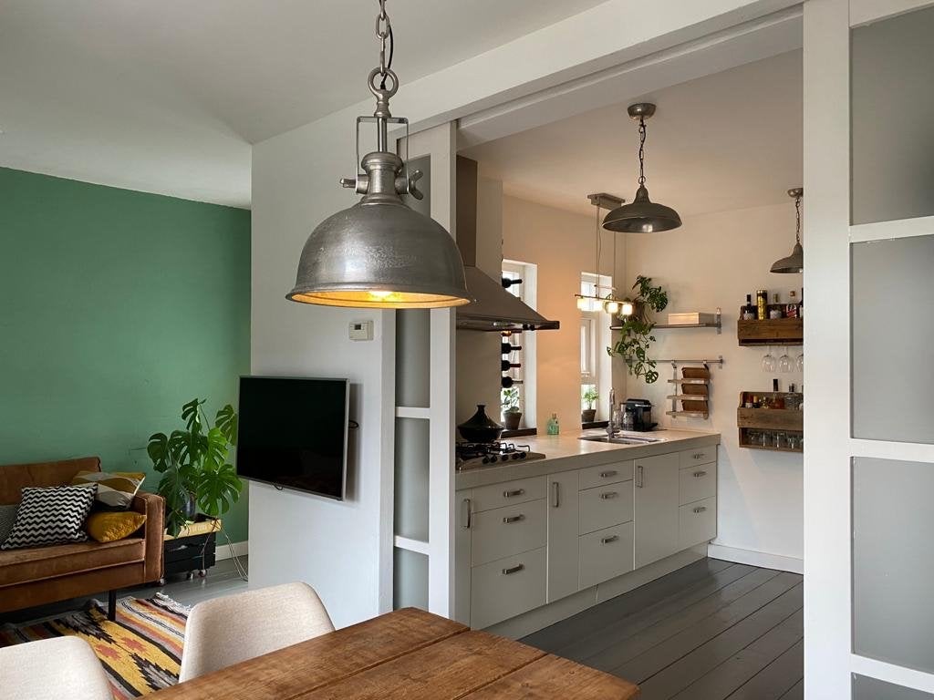 Stoere zilverkleurige hanglamp, industrieel design, Ophalen, Gebruikt, Metaal, E27 (groot)