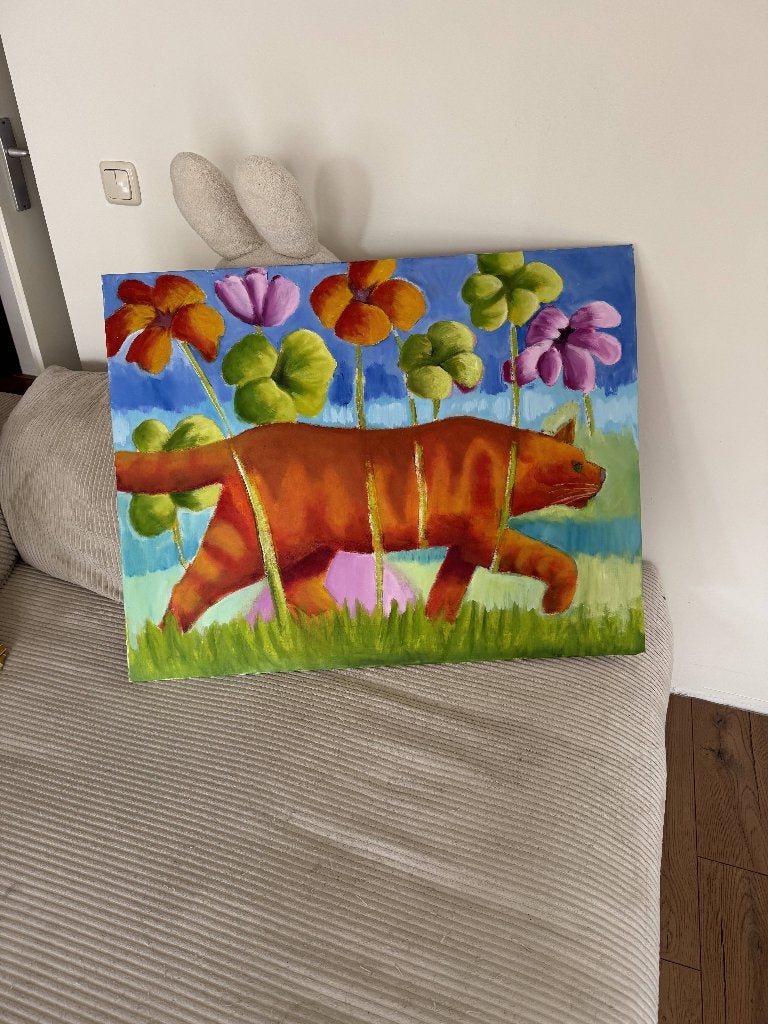 Pop-surrealisme schilderij - kat en bloemen - 90x70cm, Ophalen, Doek, Surrealisme, Dieren