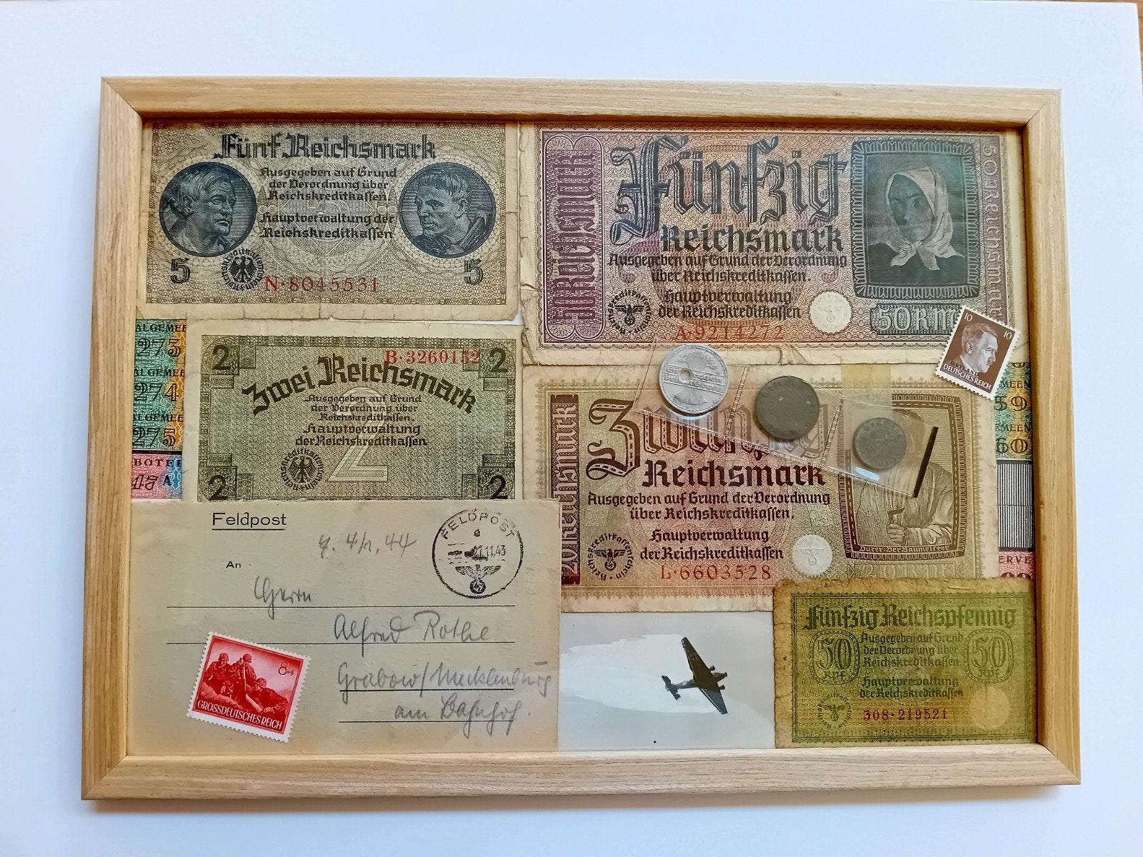 WO2 Ingelijst Display Zeldzaam 50 RM Biljet + Feldpost, Ophalen of Verzenden, Duitsland, Setje