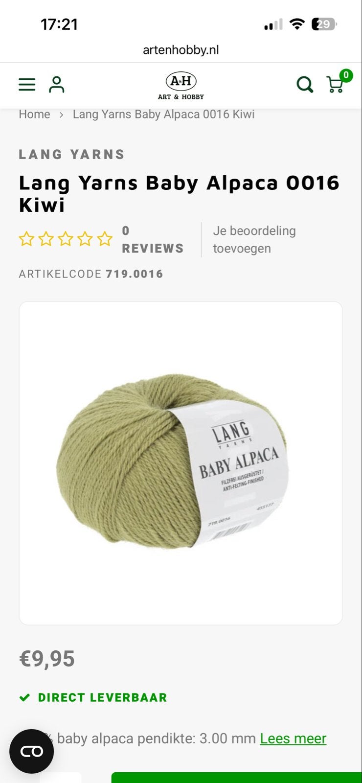 4 bollen Lang Yarns Baby Alpaca wol - Kiwi groen, Hobby en Vrije tijd, Breien en Haken, Ophalen of Verzenden, Zo goed als nieuw
