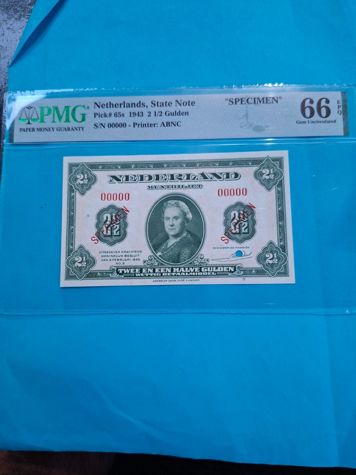 2,5 gulden Wilhelmina II SPECIMEN uit 1943
Gekeurd PMG 66, Postzegels en Munten, Bankbiljetten | Nederland, Ophalen of Verzenden