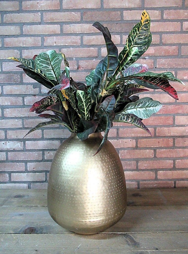Grote gouden metalen vaas met kunstbloemen, Ophalen of Verzenden, Zo goed als nieuw, Overige kleuren, Metaal