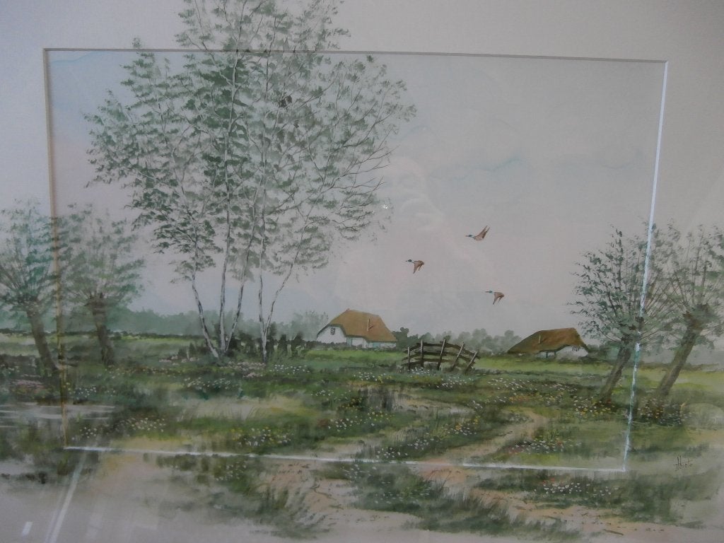 schilderij Jan Thiele weiland aquarel tekening boerderij kun, Antiek en Kunst, Kunst | Schilderijen | Klassiek, Nederlandse school