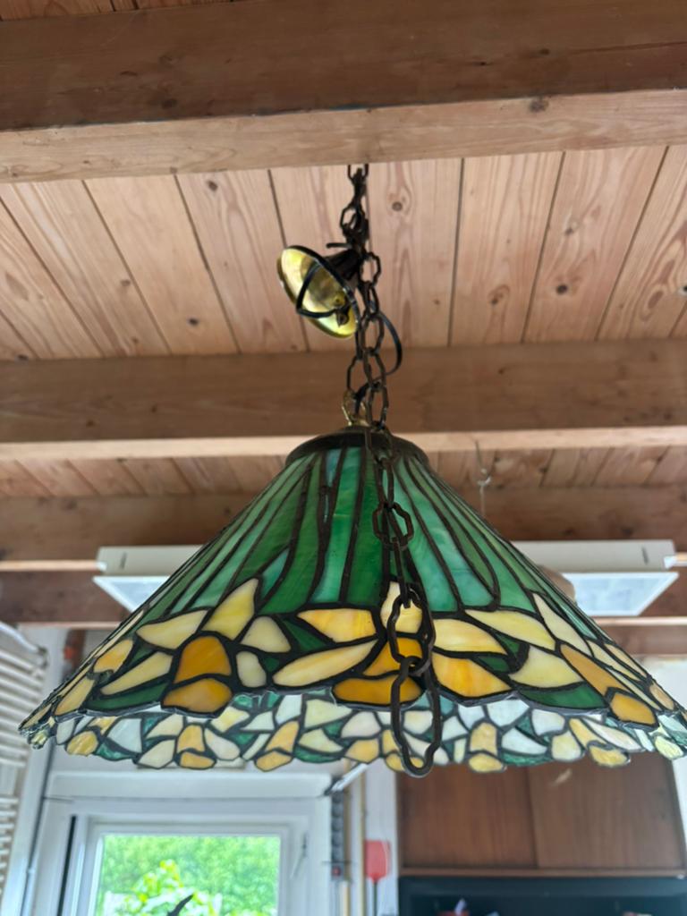 Tiffany Stijl Hanglamp - Groen en Geel Glas, narcissen lamp, Antiek en Kunst, Ophalen