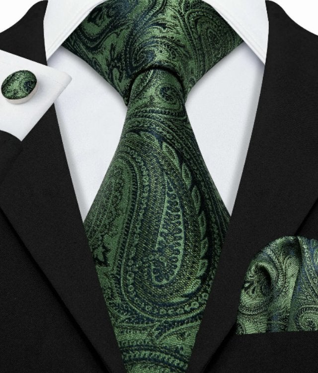 100% zijde Stropdas Pochet Manchetknopen Groen Paisley NIEUW, Ophalen of Verzenden, Nieuw, Groen, Met patroon