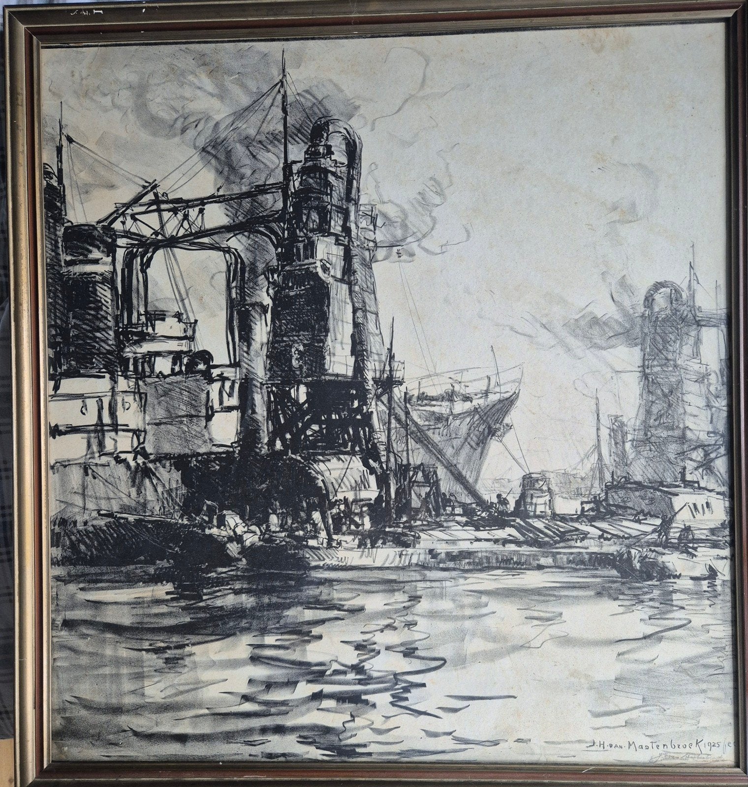Grote litho J.H. van Mastenbroek gesigneerd Havenzicht 1925, Antiek en Kunst, Gelimiteerde oplage, Ophalen of Verzenden, Lithografie