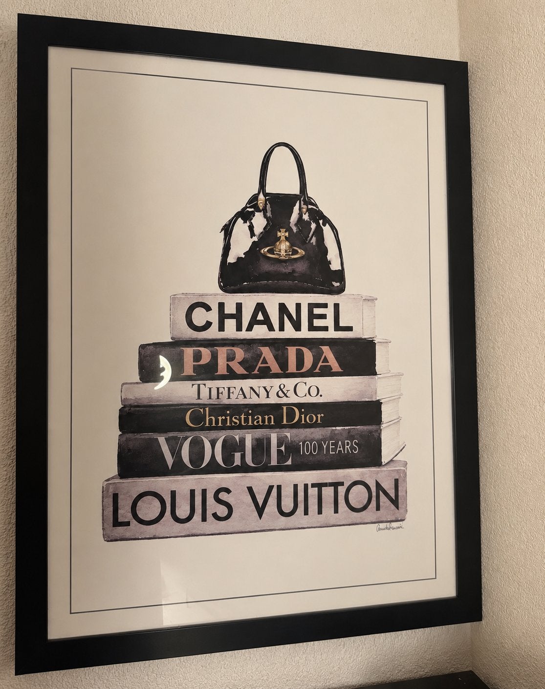 Lijst met modeboeken en tas - Chanel, Prada, Louis Vuitton, Huis en Inrichting, 50 – 75, Ophalen of Verzenden, 50 tot 75 cm, Print