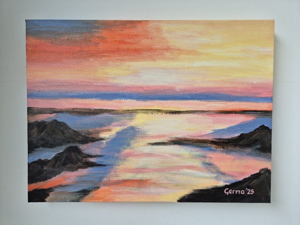 Schilderij Zonsondergang Boven Water en Bergen., Ophalen