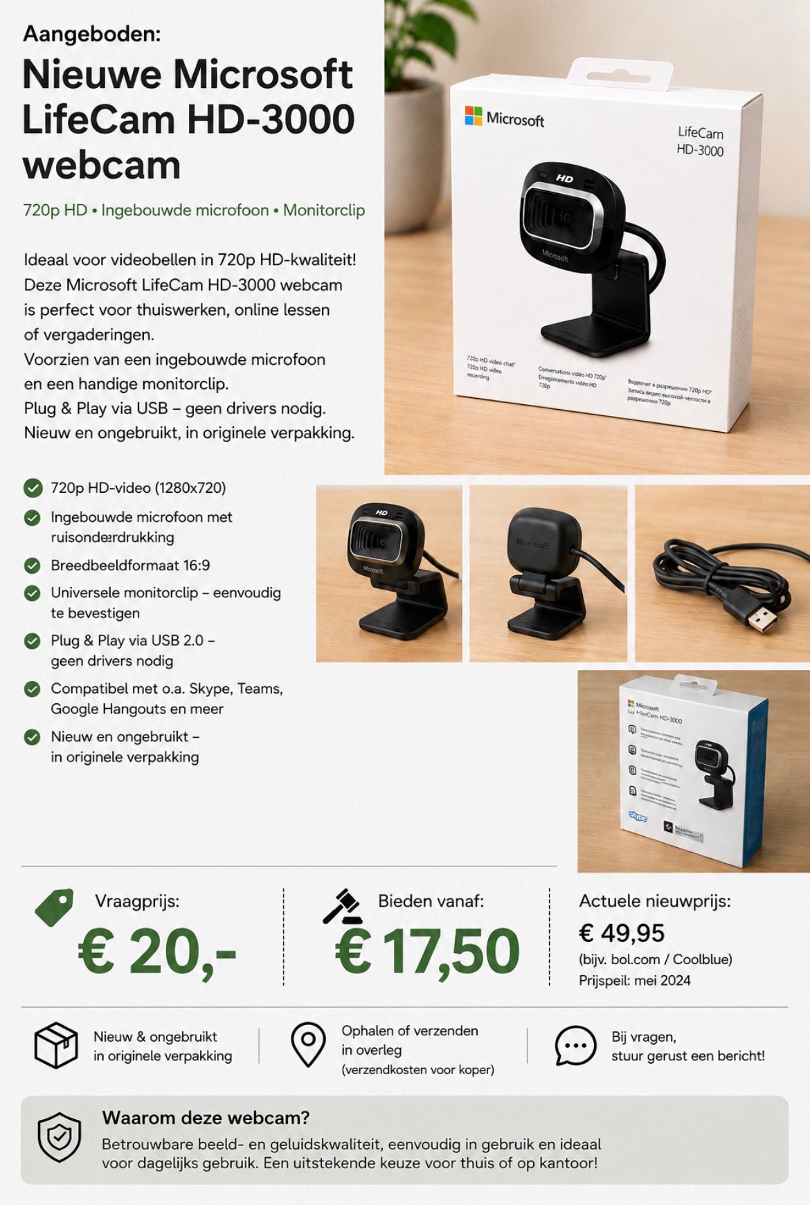 Nieuwe Microsoft LifeCam HD-3000 webcam, Nieuw, Ophalen of Verzenden, Windows, Monitorclip