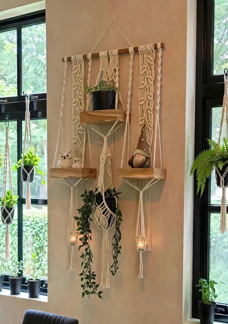 Macramé Wandhanger met Planken - Boheemse Decoratie, Beige, 115 cm, 76 cm, Textiel