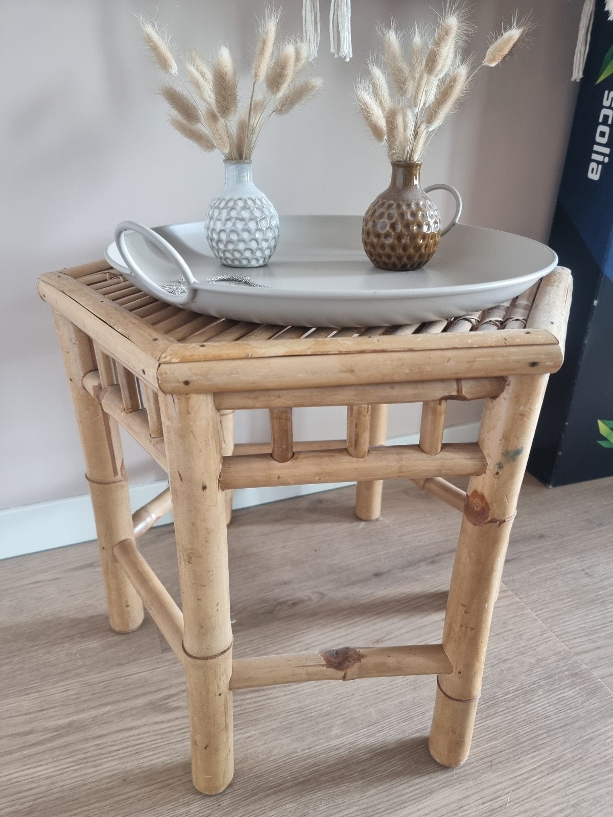Set van 3 bamboe bijzettafels - plantentafels, Huis en Inrichting, Ophalen, Minder dan 55 cm, Rond, Zo goed als nieuw