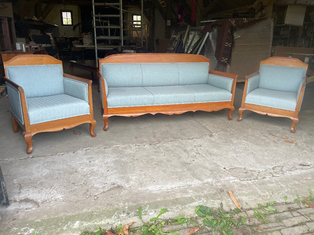 Indonesische bankstel met nieuwe bekleding, Ophalen, Hout, Gebruikt, Minder dan 75 cm