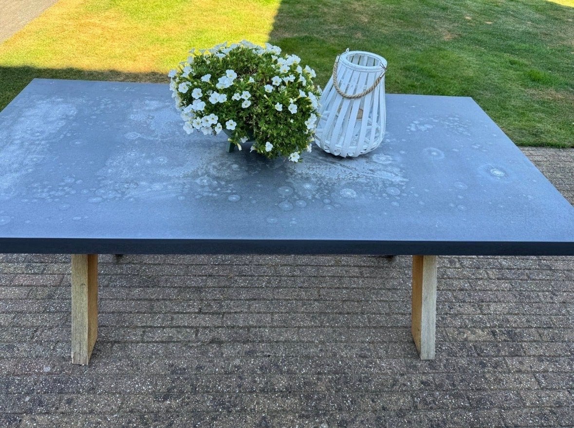 Stoere tuintafel met betonlook blad - opknapper, Tuin en Terras, Tuintafels, Ophalen, Gebruikt, Rechthoekig, Hout