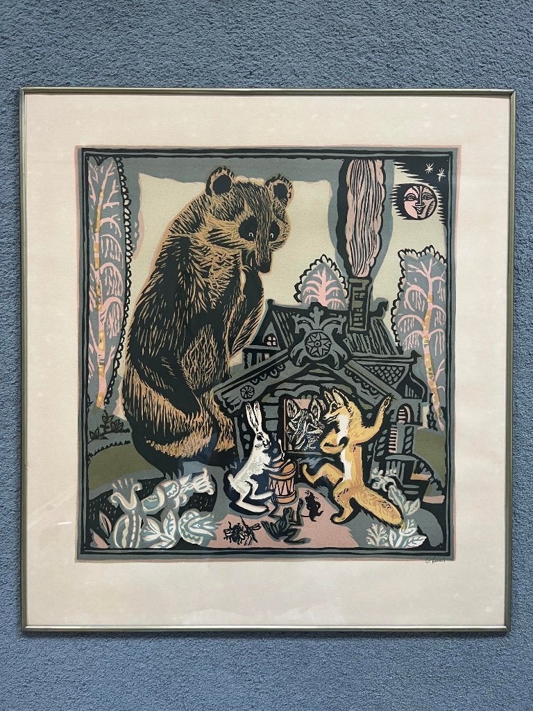 Linografie sprookje Teremok door Russisch kunstenaar, Antiek en Kunst, Gelimiteerde oplage, Ophalen of Verzenden, Personages en Fantasiefiguren