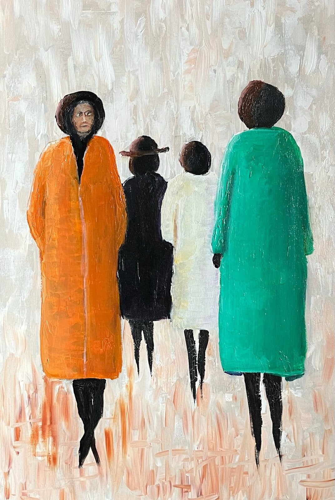 Olieverfschilderij: Vier Vrouwen in Mantels (40x60 cm), Antiek en Kunst, Ophalen
