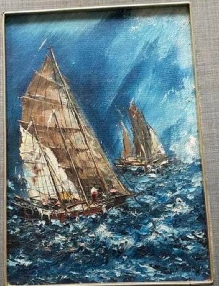 Olieverfschilderij: Zeilschepen op woelige zee, Maritiem / water, Doek, Realistisch, Ophalen of Verzenden
