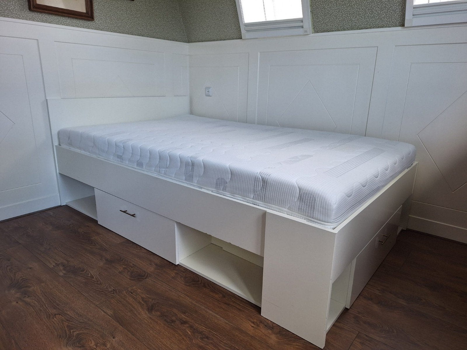 Twijfelaar bed 120x200 cm met opberglades en vakken, Ophalen, Gebruikt, Wit, Twijfelaar