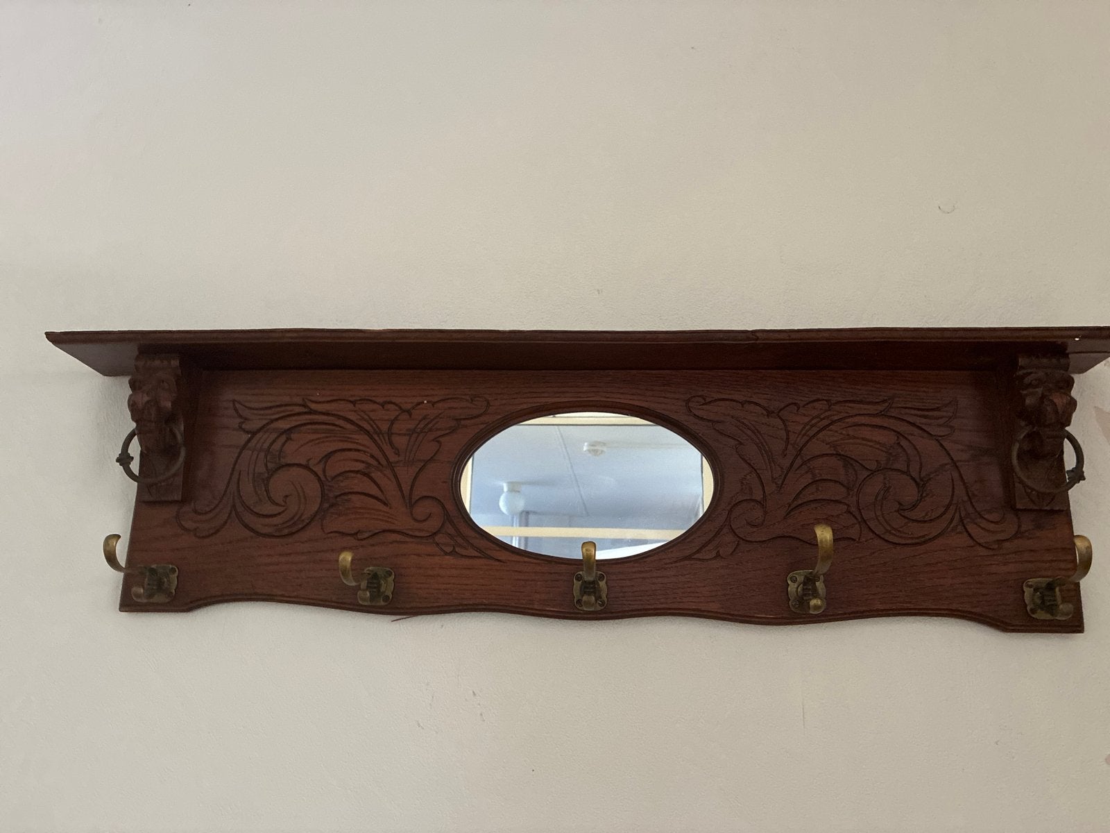 Vintage houten kapstok met spiegel en sierlijk houtsnijwerk, Gebruikt, Minder dan 100 cm, Hout, Ophalen