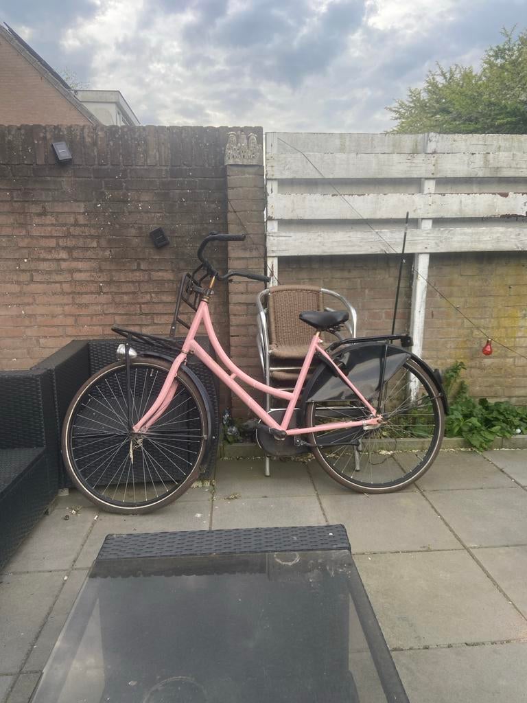 Roze damesfiets met voordrager - Gebruikt, Terugtraprem, Gebruikt, 50 tot 53 cm, Ophalen