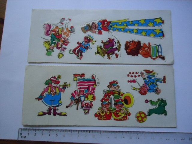 sticker oud CIRCUS VEL 2x strip vintage retro clown, Verzenden, Zo goed als nieuw, Bedrijf of Vereniging