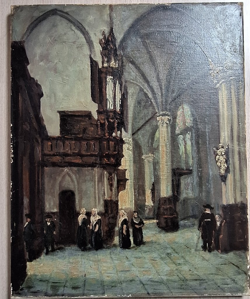Olieverfschilderij Kerkinterieur met figuren, Ophalen, Doek, Olieverf, Klassiek