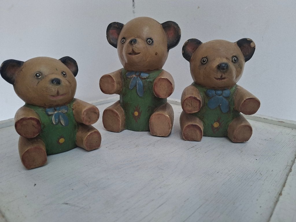 set van 3 houten handgemaakte beren beelden, Ophalen of Verzenden, Zo goed als nieuw, Overige typen