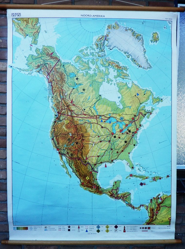 Mooie oude schoolkaart van  Noord-Amerika meg VS en Canada, Ophalen of Verzenden, Aardrijkskunde