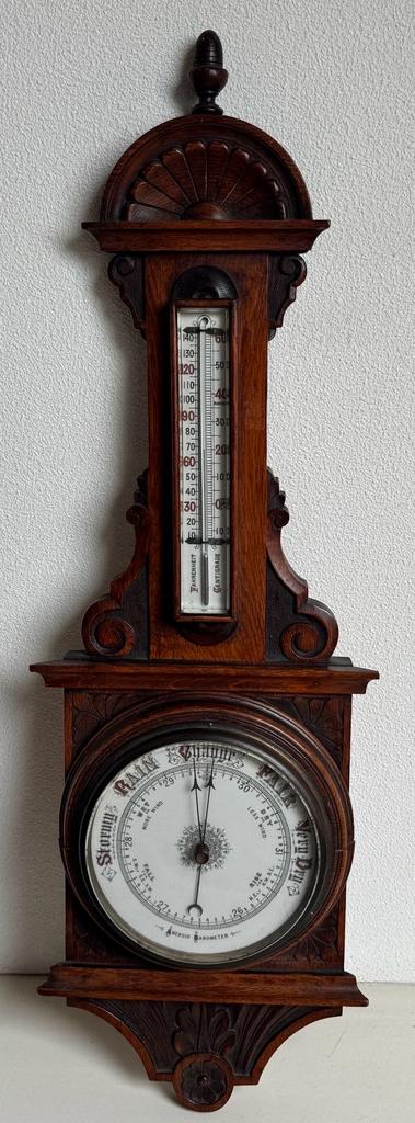 Antieke Barometer en Thermometer in Houten Kast, Ophalen of Verzenden, Gebruikt, Barometer