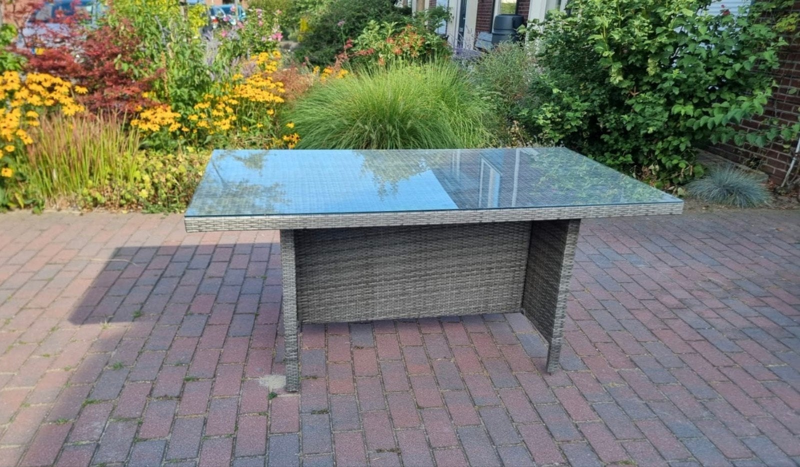 Buiten tafel kunstriet 89 x 160 cm met glazen plaat, Ophalen, Gebruikt, Rechthoekig, Wicker