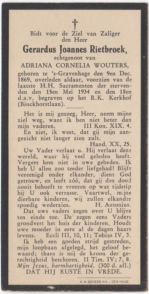 Gerardus J. Rietbroek 1869 Den Haag + 1934 Den Haag, 64 jr, Verzenden