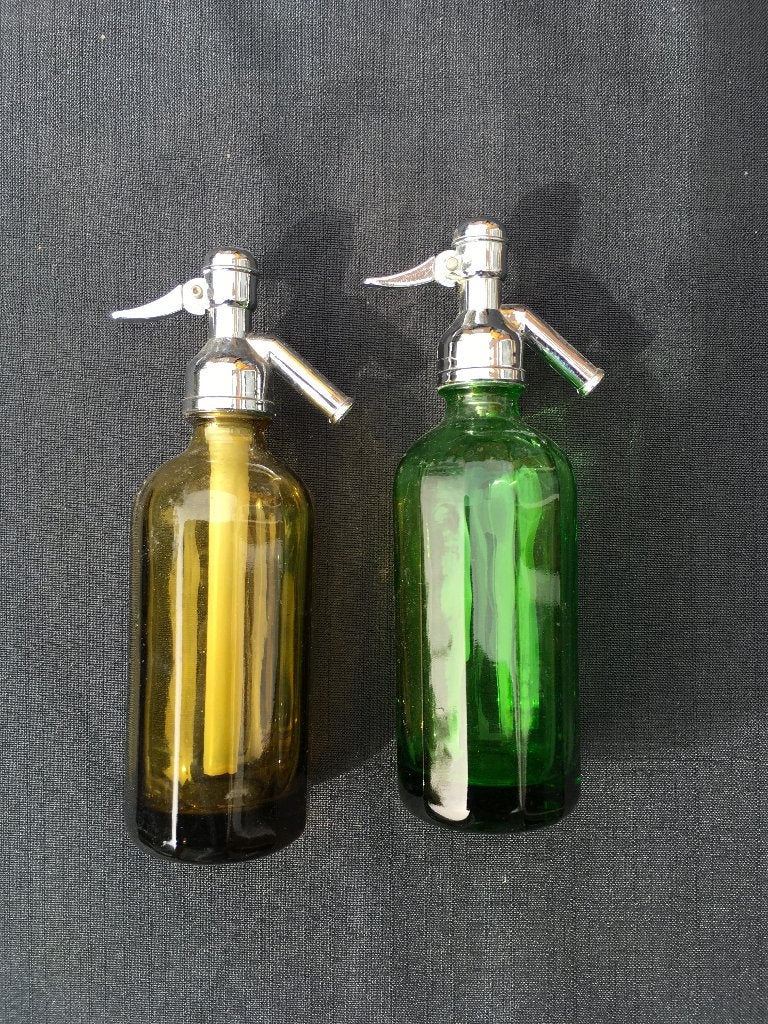 2x Vintage mini Spuitfles Groen en Amberkleurig Glas, Ophalen of Verzenden, Zo goed als nieuw
