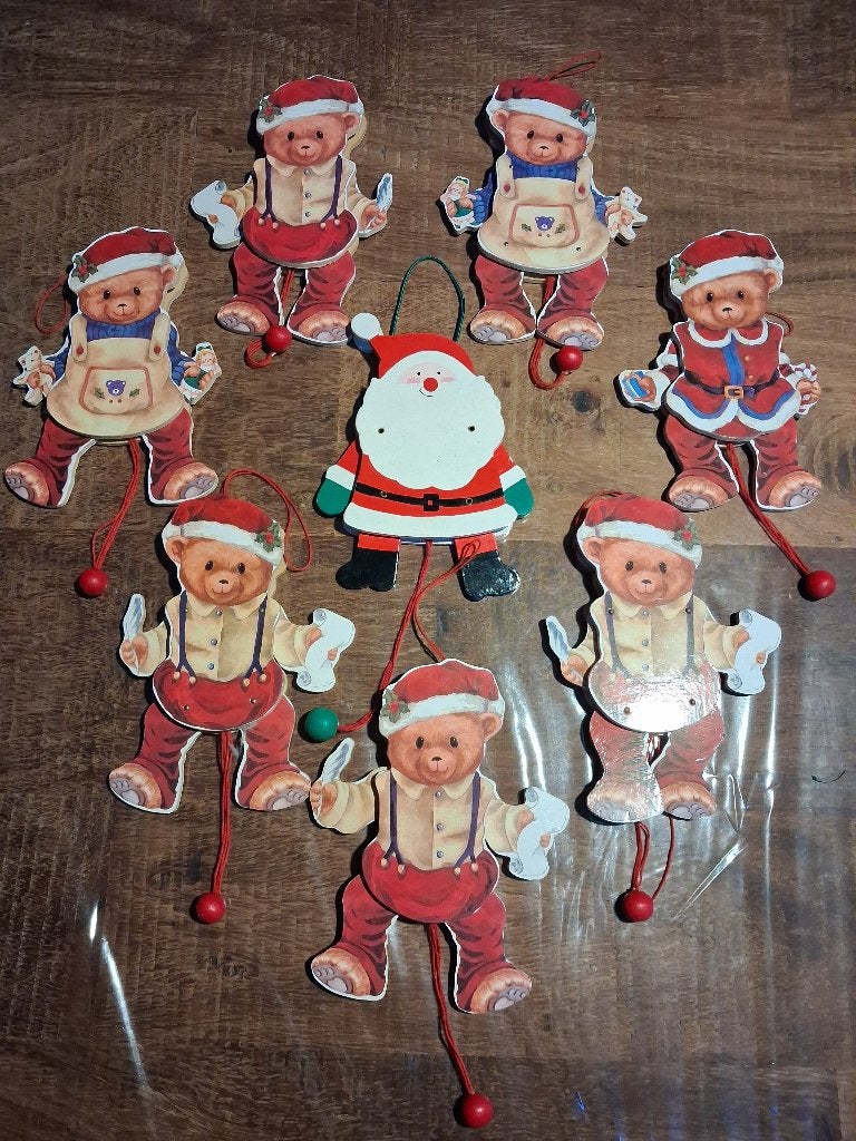 8 nostalgische kerst trekpoppen 7 beren & 1 kerstman, Ophalen, Zo goed als nieuw
