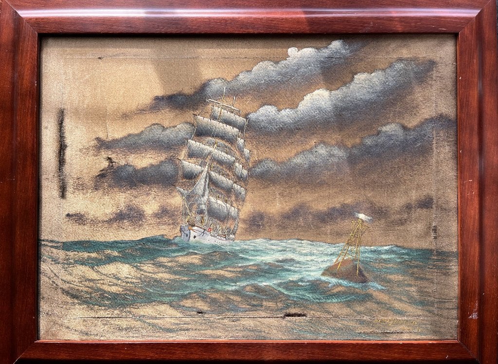 Olieverf schilderij op zijde., Maritiem / water, Verzenden, Overige ondergronden, Olieverf
