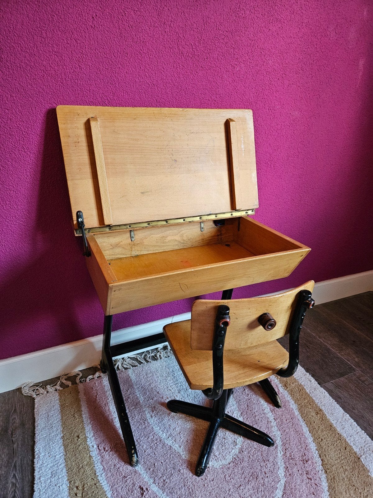 Vintage schoolbureau met stoel - Retro kinderbureau, Ophalen