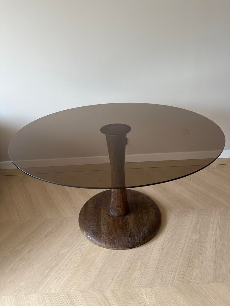 Zo goed als nieuwe ronde Japandi eettafel walnootbruin, Ophalen, 100 tot 150 cm, Rond, Zo goed als nieuw