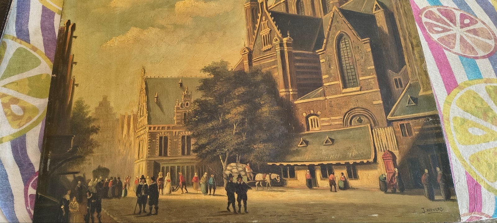 gezicht op de st Bavo en Vleeshal olie geverfd op hout, Antiek en Kunst, Ophalen