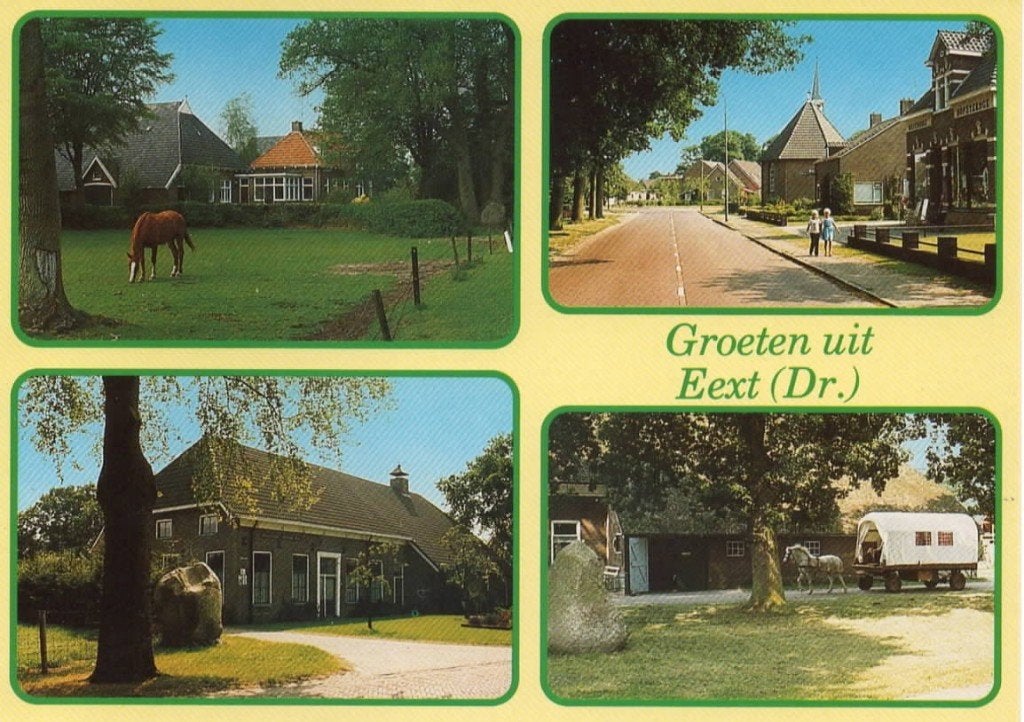 Ansichtkaart Eext, 4-luik, paard, dorp, boerderij, huifkar, Verzamelen, Ophalen of Verzenden, 1980 tot heden, Ongelopen, Drenthe
