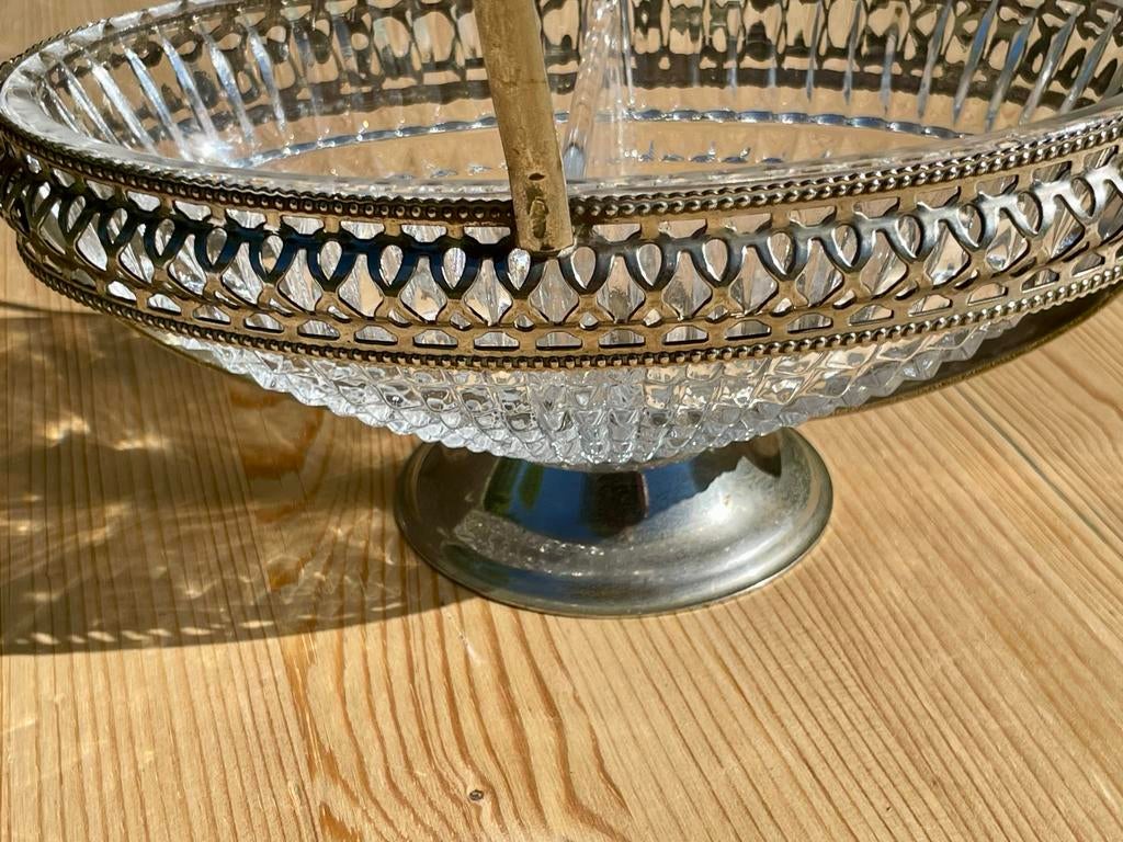 Zware Ovale Kristallen Serveerschaal met Metalen Houder, Antiek en Kunst, Antiek | Glas en Kristal, Ophalen of Verzenden