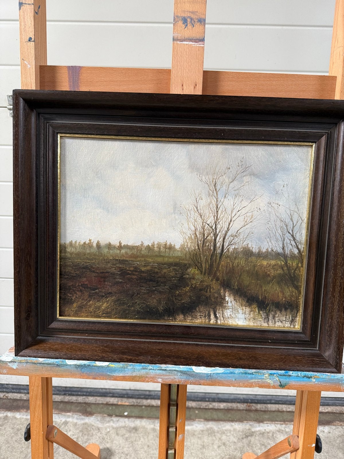 Olieverfschilderij Landschap met water en bomen, Doek, Realistisch, Ophalen of Verzenden, Landschap