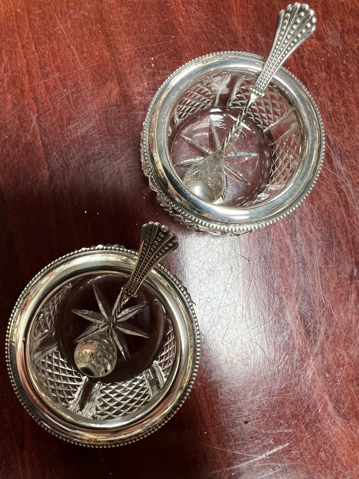 Set van 2 geslepen kristallen zoutvaatjes met zilver, Ophalen of Verzenden