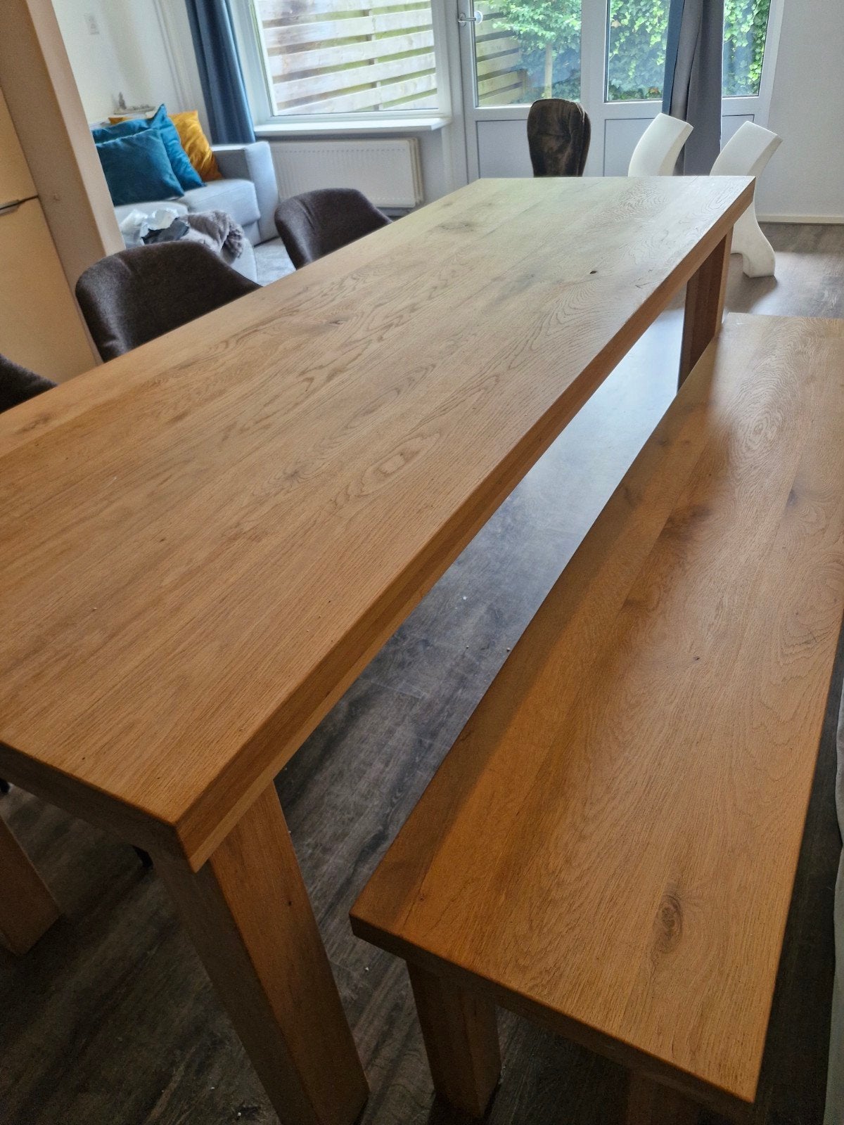 Houten eettafel met 3 kuipstoelen en bankje, Ophalen, Gebruikt, 200 cm of meer, 50 tot 100 cm
